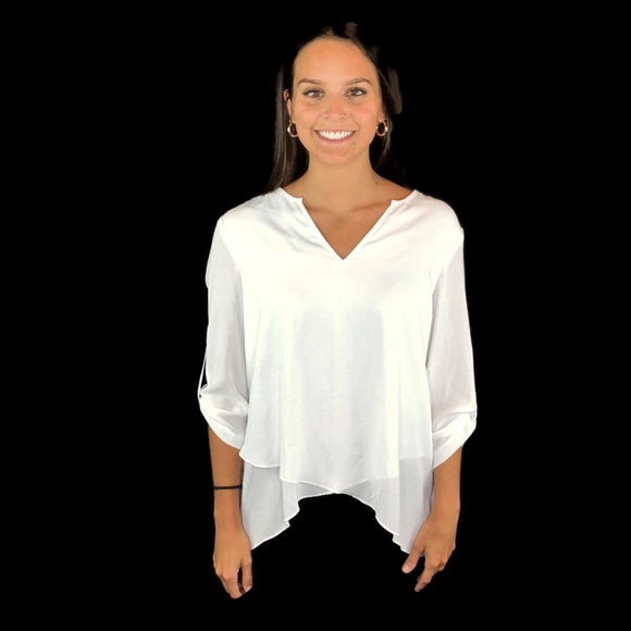 Karen Kane White Asymmetrical Lifestyle Blouse - Picture 1 of 10